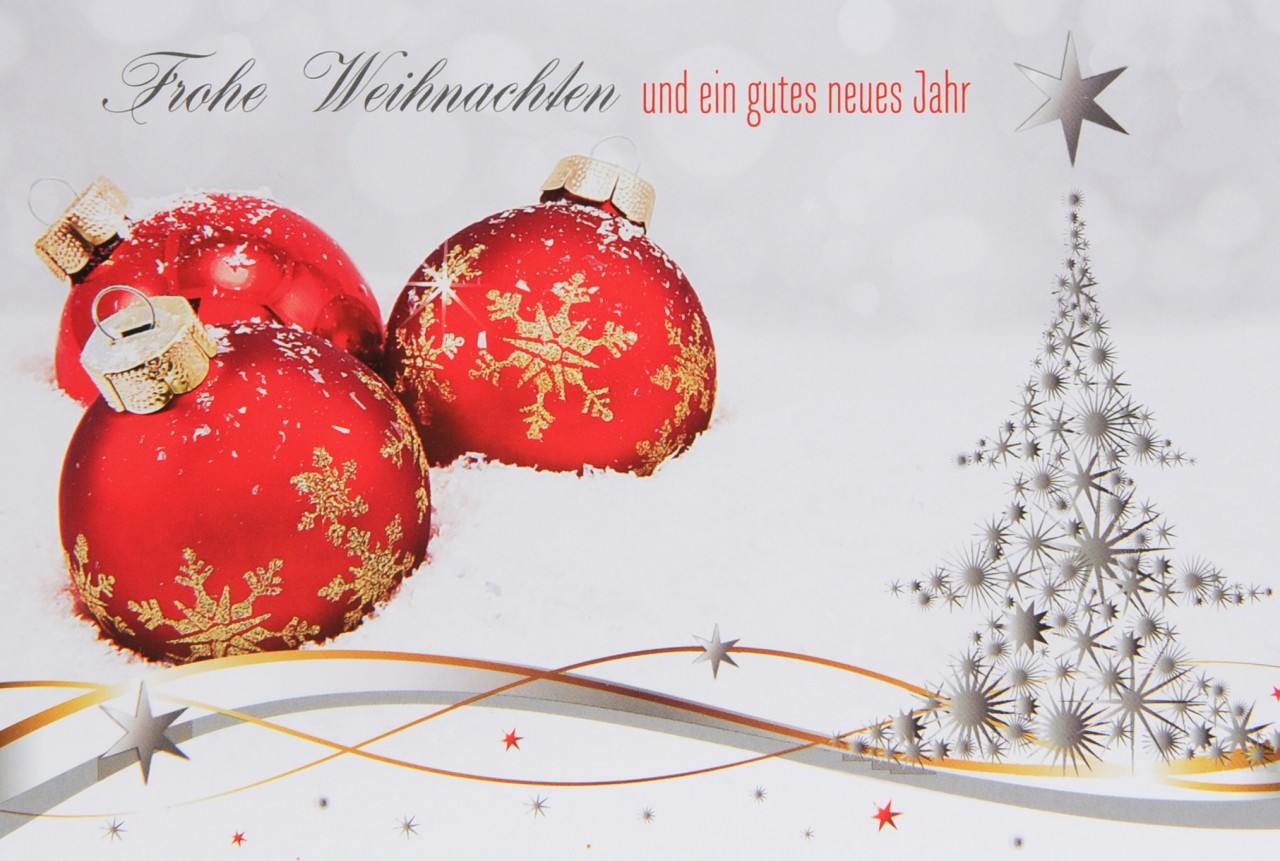 Weihnachtskarte Klassisch Mit Roten Christbaumkugeln Im Schnee Karteninsel