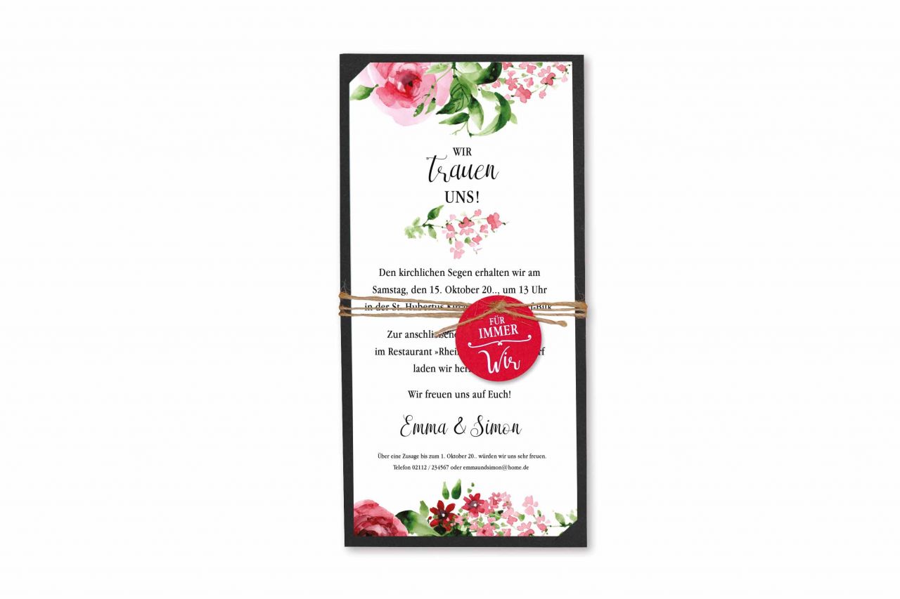 Mit sehr viel Gespür für guten Stil ist die Hochzeitskarte Rosa Blumen entworfen, welche liebliches Auftreten mit modernem Charme verbindet.

