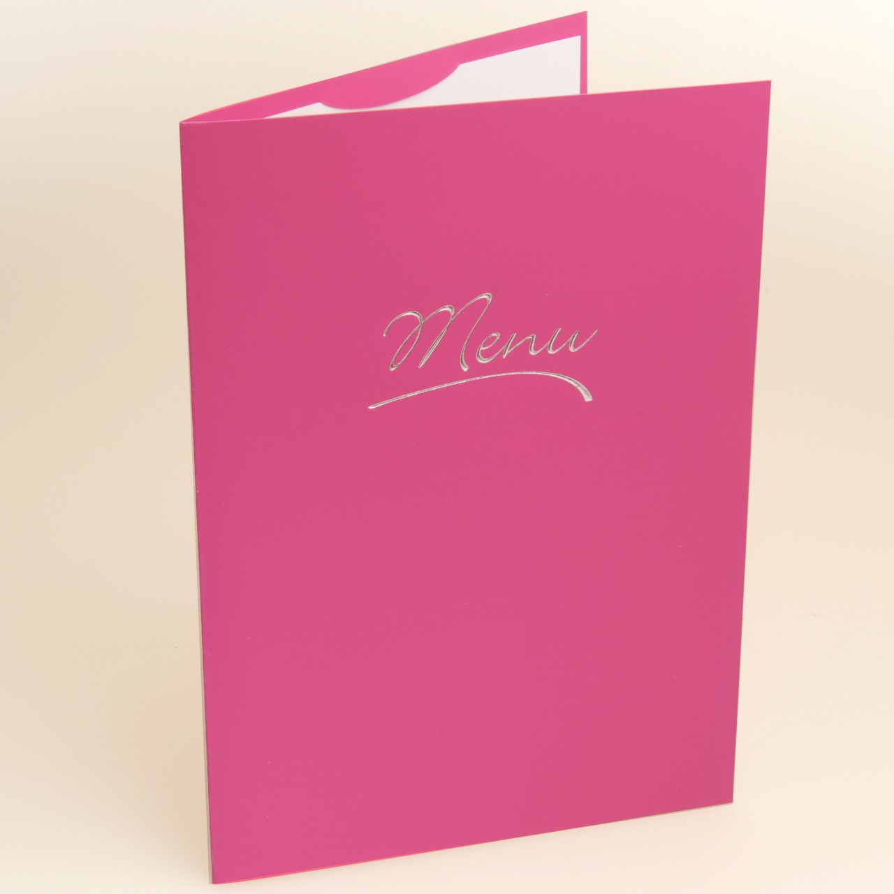 Pinkfarbene A5-Tischkarte mit silberfarbener Folienprägung