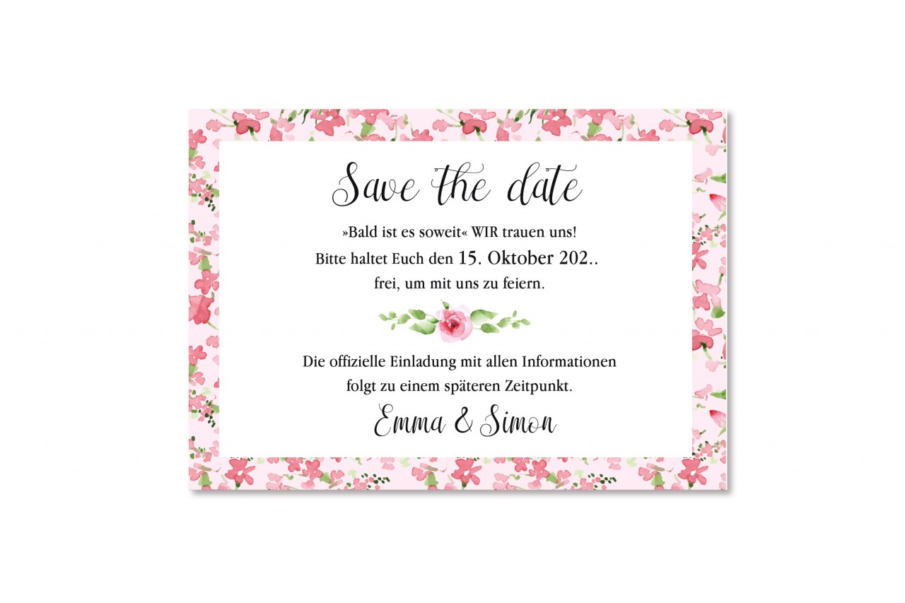 Die Save the Date Karte Rosa Blumen bringt Ihr Vorhaben auf den ersten Blick zum Ausdruck und der Termin kann von den Hochzeitsgästen reserviert werden.  