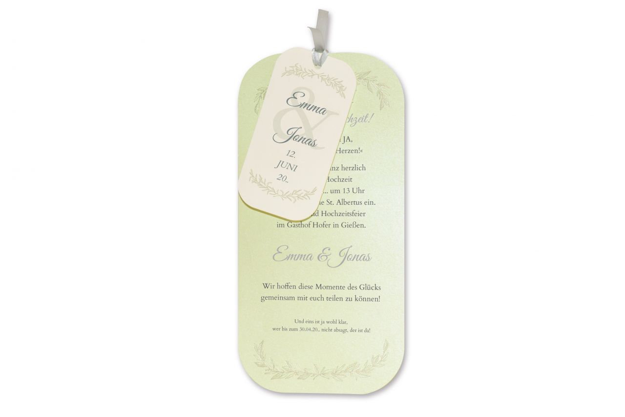 Die Hochzeitskarte Lindgrün ist die richtige Auswahl, wenn Sie Ihre Hochzeit in den warmen Monaten des Jahres planen.
