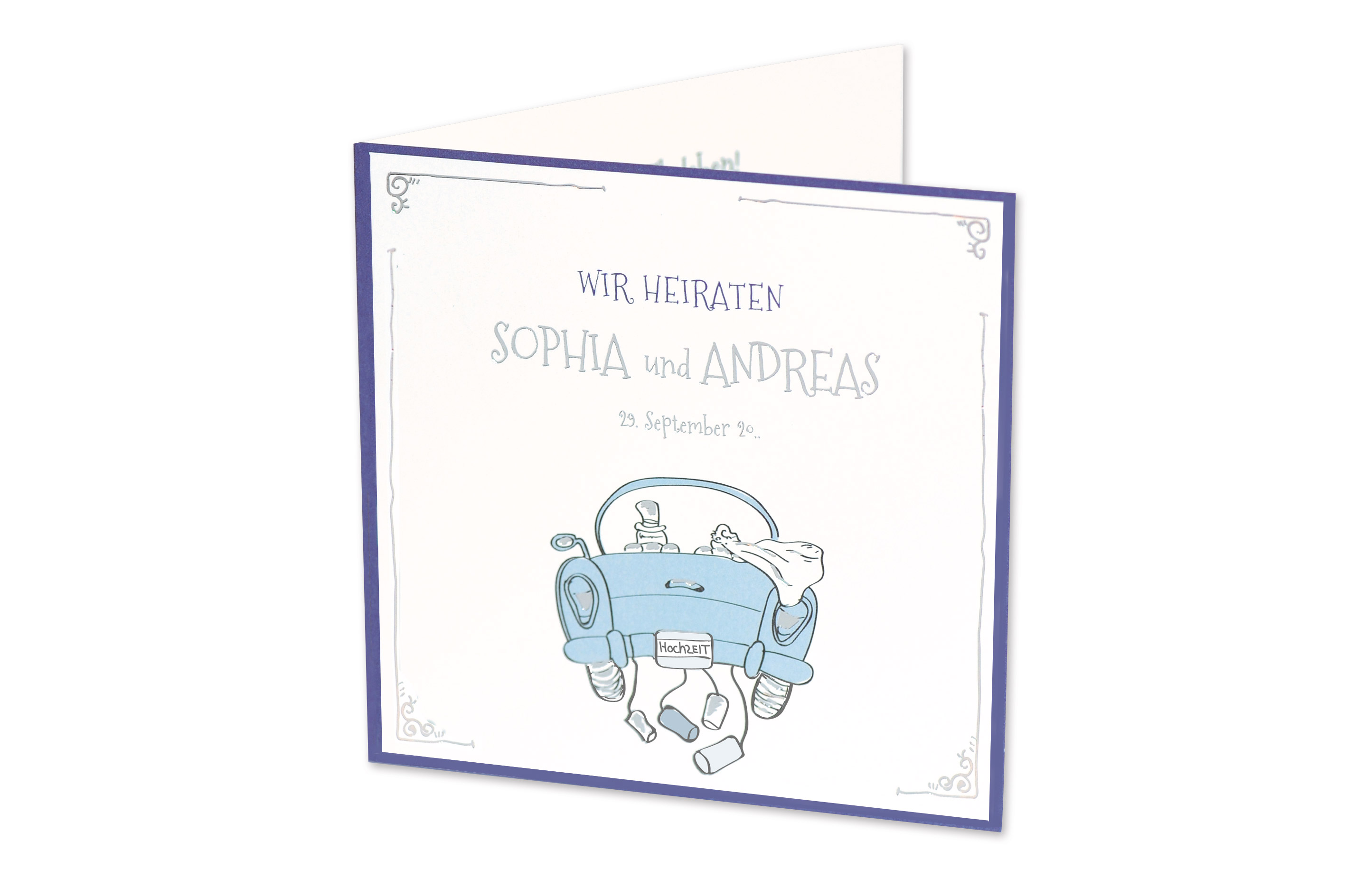 Als Comic illustrierte Hochzeitskarte Gemeinsam ins Glück, welche im nostalgisch angesagtem Stil und harmonischer Farbgebung zur Feierlichkeit einlädt.